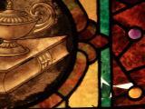 Detail of art glass window in need of restoration at St. Paul AME Church in Raleigh
